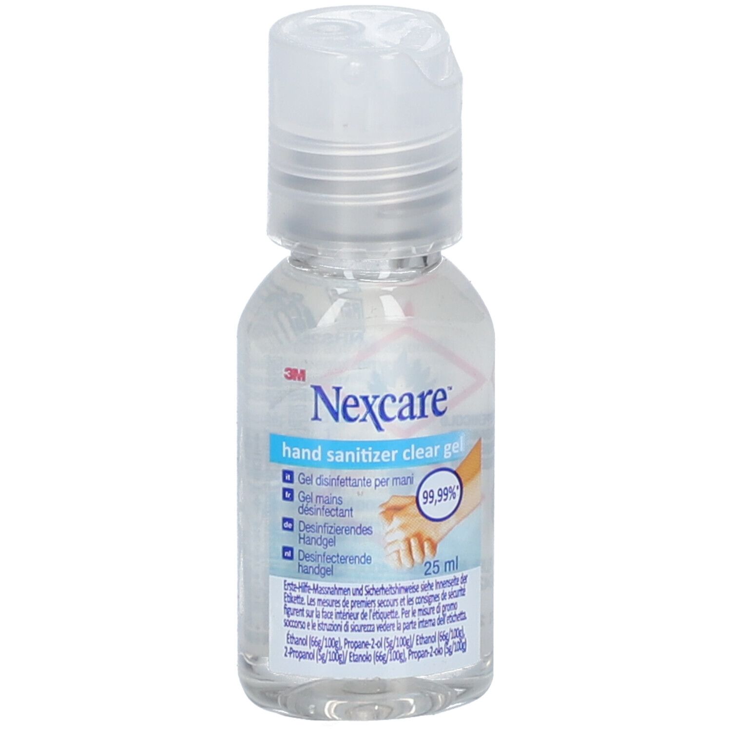 Transparante fles met klapdeksel. Opschrift: Nexcare Hand Sanitizer Clear Gel. Etiket met informatie en handafbeelding.