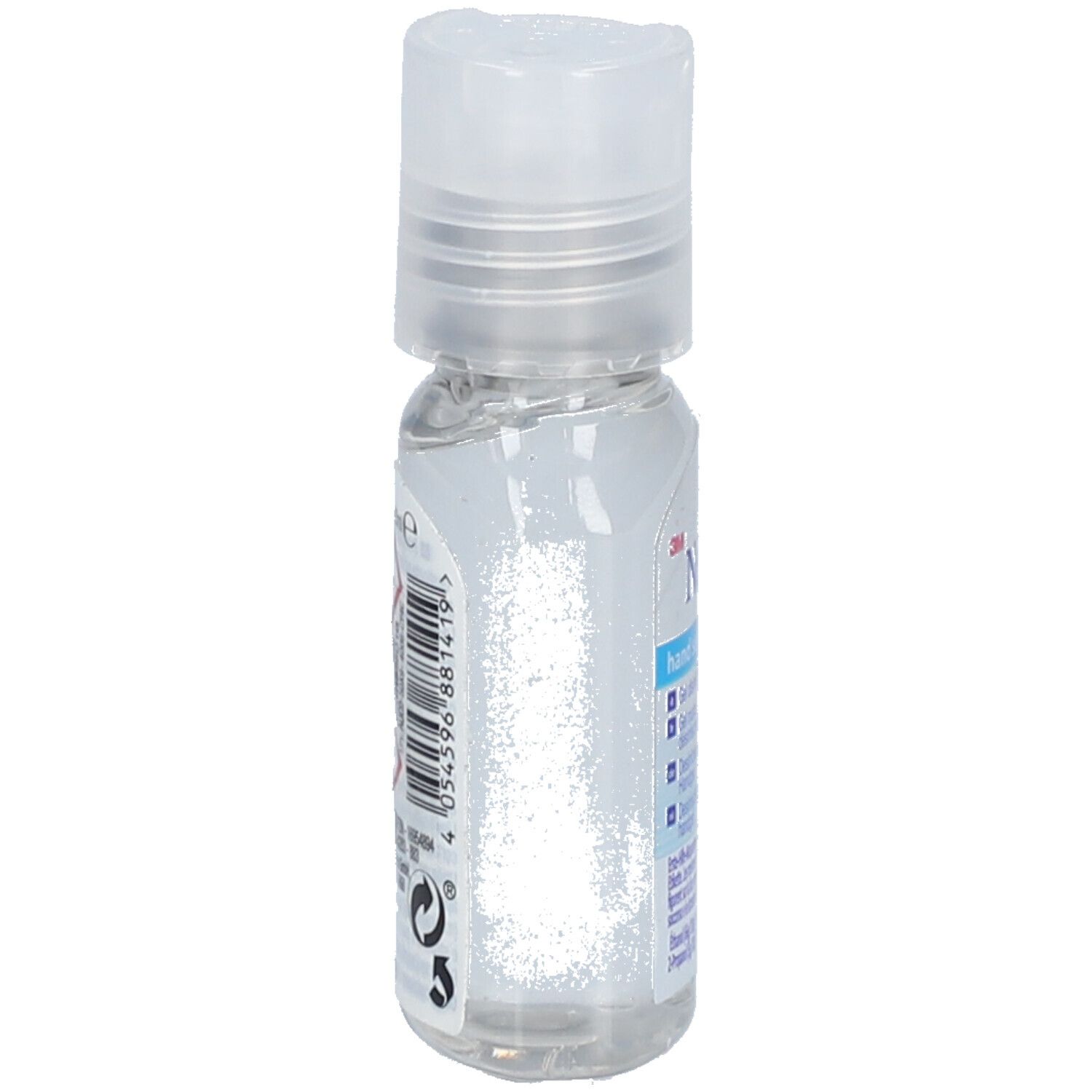 Transparante fles met klapdeksel. Etiket aan de zijkant met informatie en barcode. Productnaam niet zichtbaar.