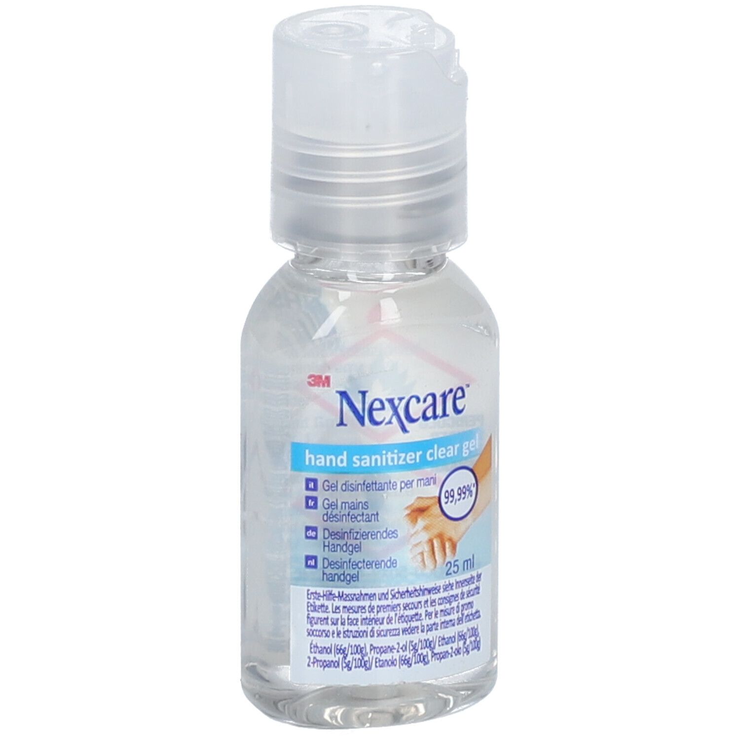 Transparante fles met klapdeksel. Opschrift: Nexcare Hand Sanitizer Clear Gel. Etiket met informatie en handafbeelding.