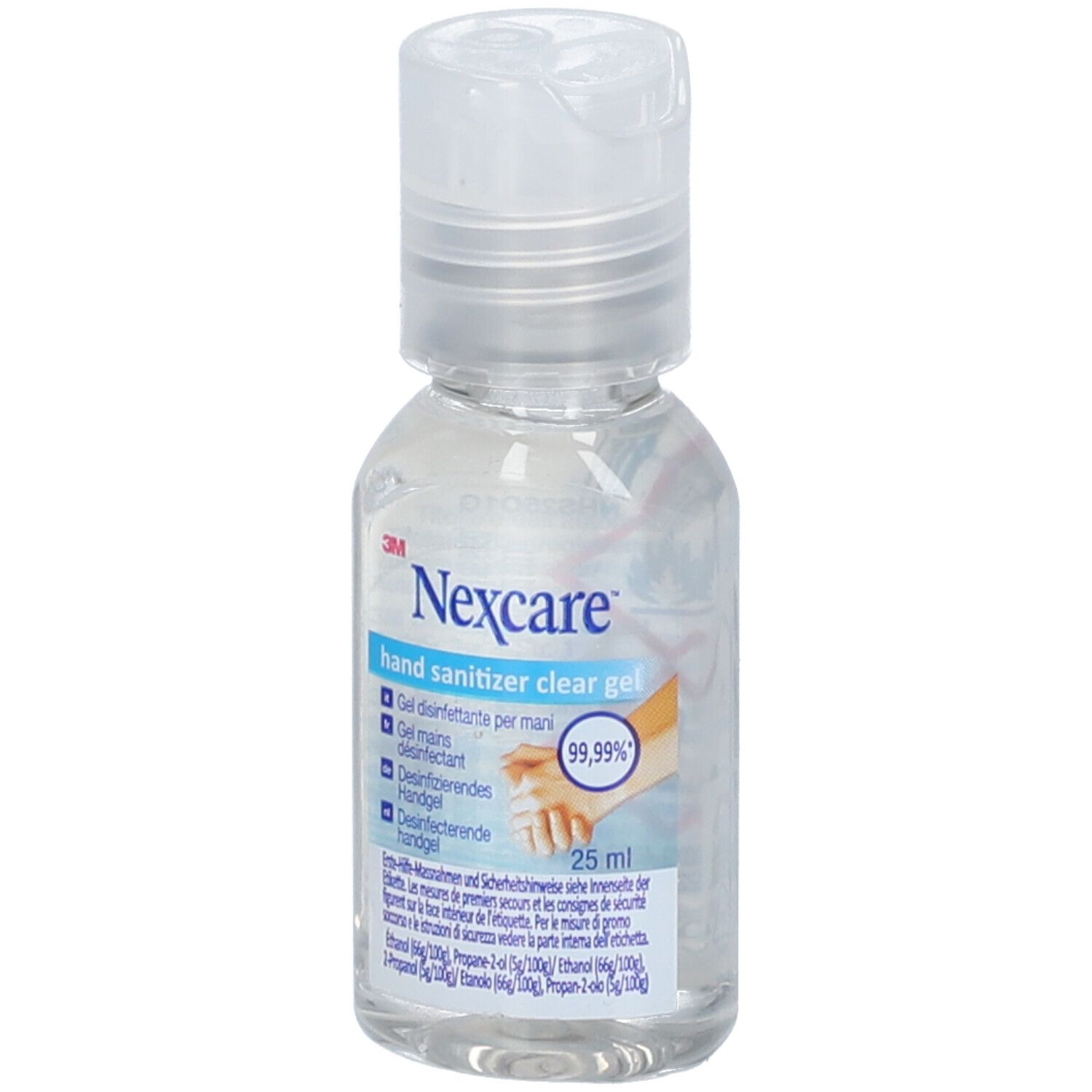 Transparante fles met klapdeksel. Opschrift: Nexcare Hand Sanitizer Clear Gel. Etiket met informatie en handafbeelding.