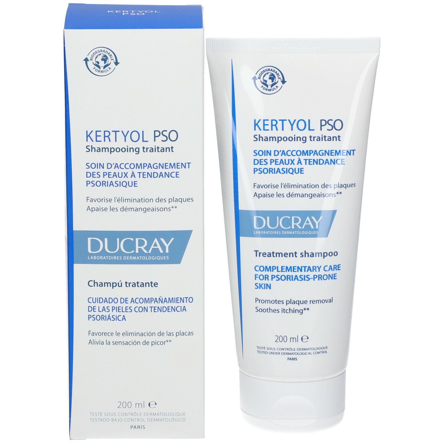 Verpakking met tube en doos. Kertyol PSO Shampoo. Merk DUCRAY. 200 ml.