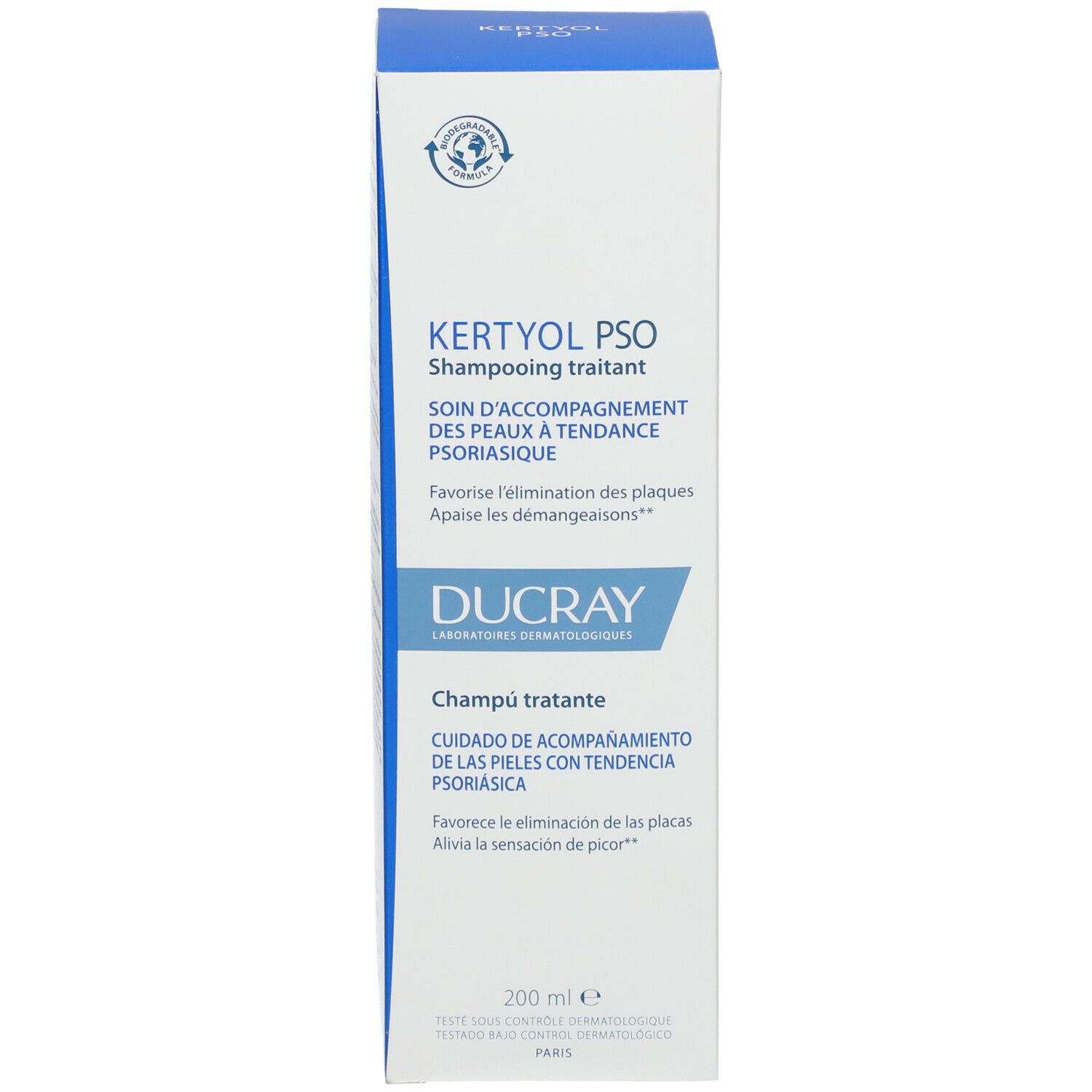 Kartonnen verpakking. Kertyol PSO Shampoo. Merk DUCRAY. 200 ml.