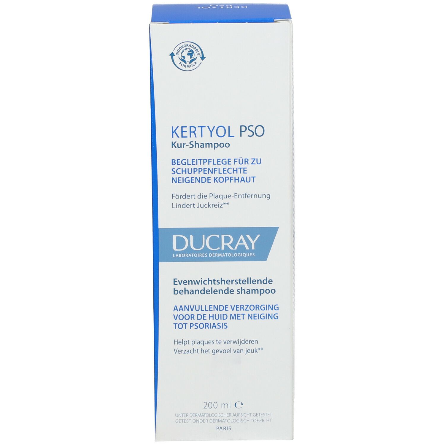 Kartonnen verpakking, voorkant. Kertyol PSO Shampoo. Merk DUCRAY. 200 ml.