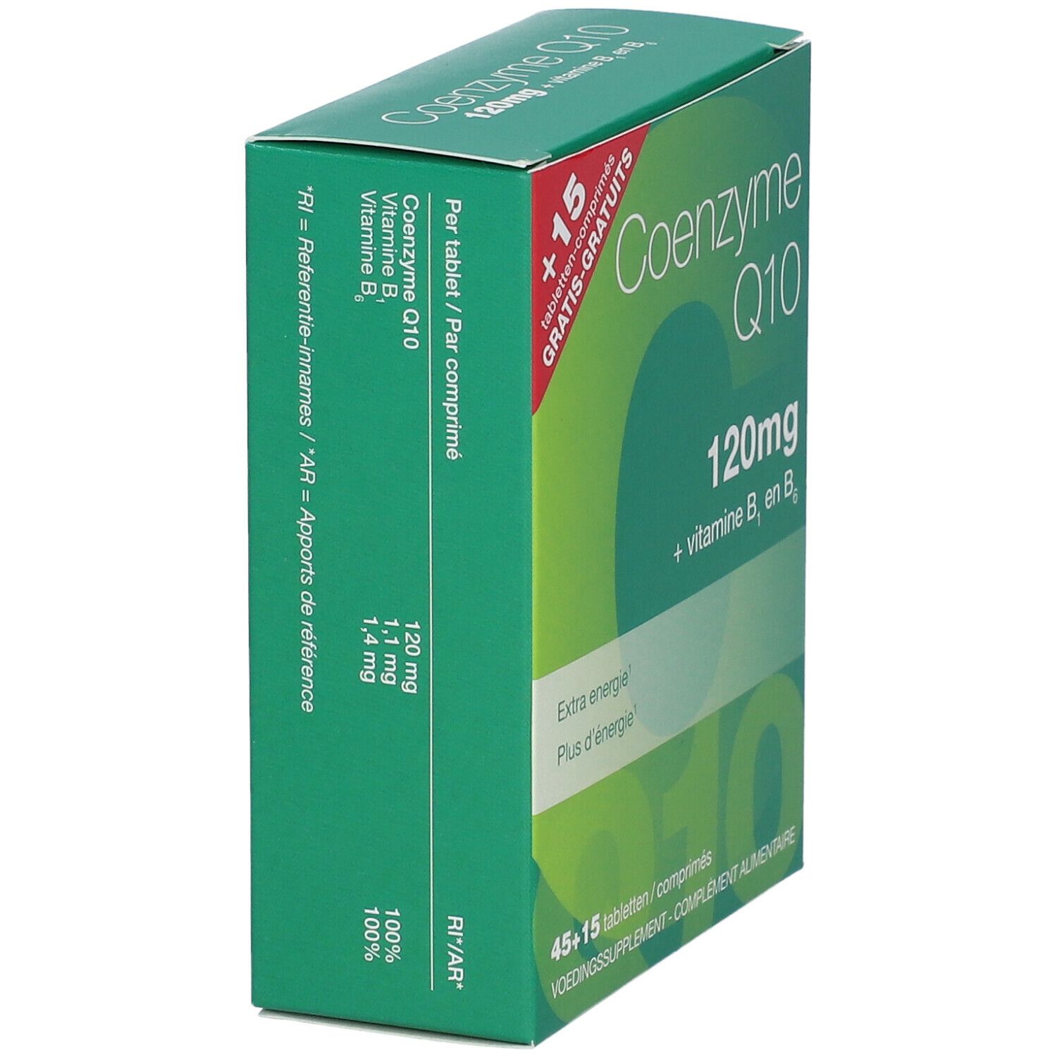 Groene doos met "Coenzyme Q10 120mg + vitamine B1 en B6". Tekst op de zijkant met informatie en dosering.