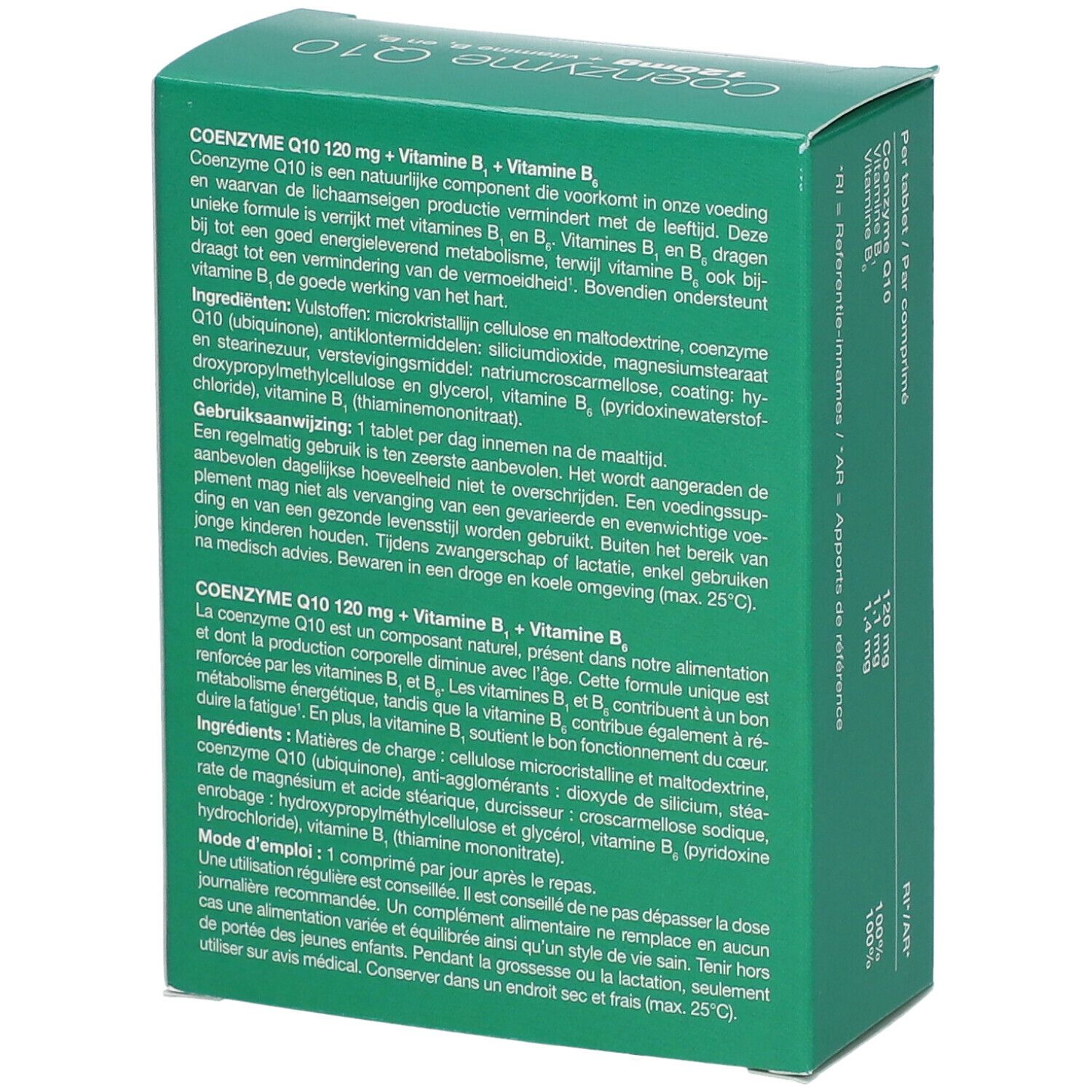 Groene doos met tekst. Bevat informatie over "Coenzyme Q10 120mg + vitamine B1 en B6". Achterkant met ingrediënten.