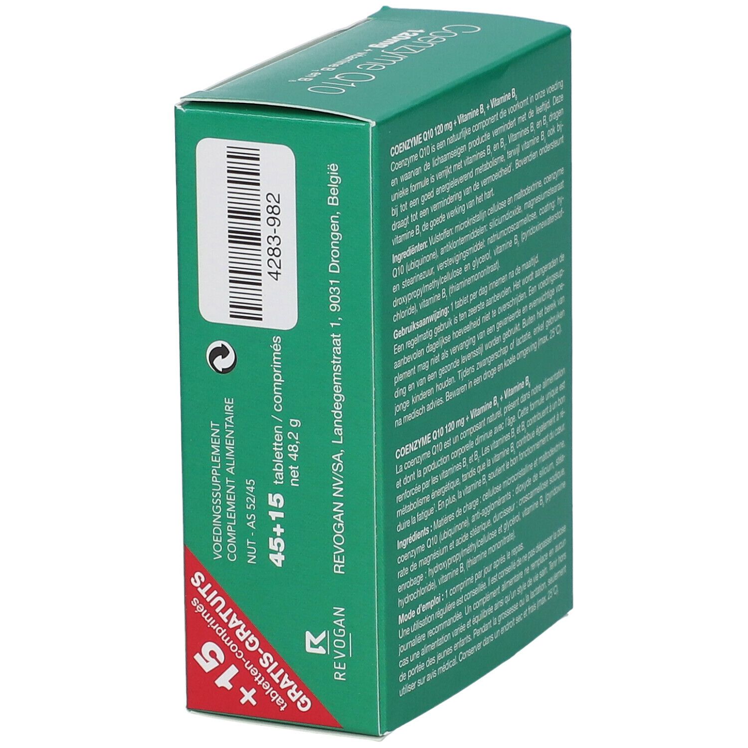 Groene doos met tekst. Bevat informatie over "Coenzyme Q10 120mg + vitamine B1 en B6". Fabrikant informatie.