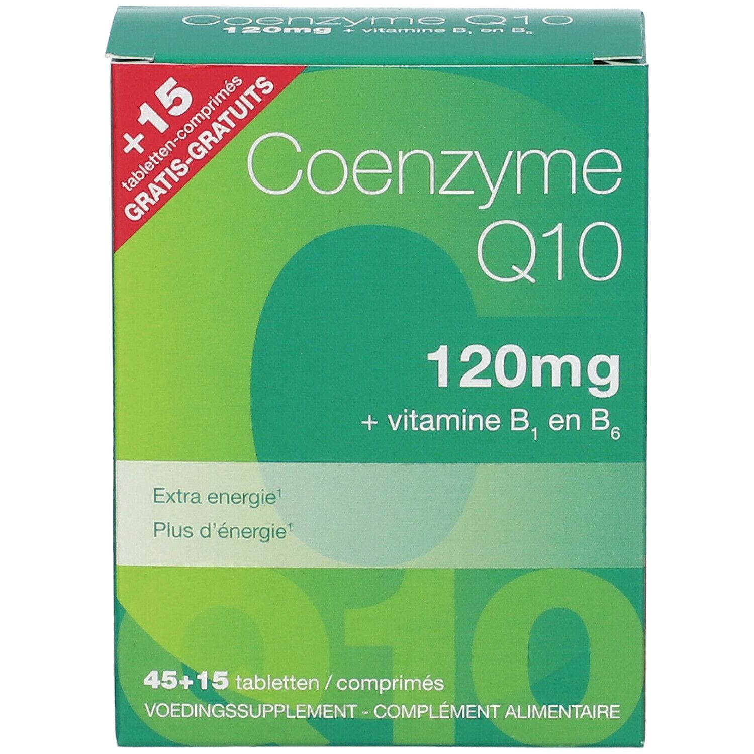 Groene doos met "Coenzyme Q10 120mg + vitamine B1 en B6". Bevat 45+15 tabletten. Opschrift "+15 tabletten gratis".