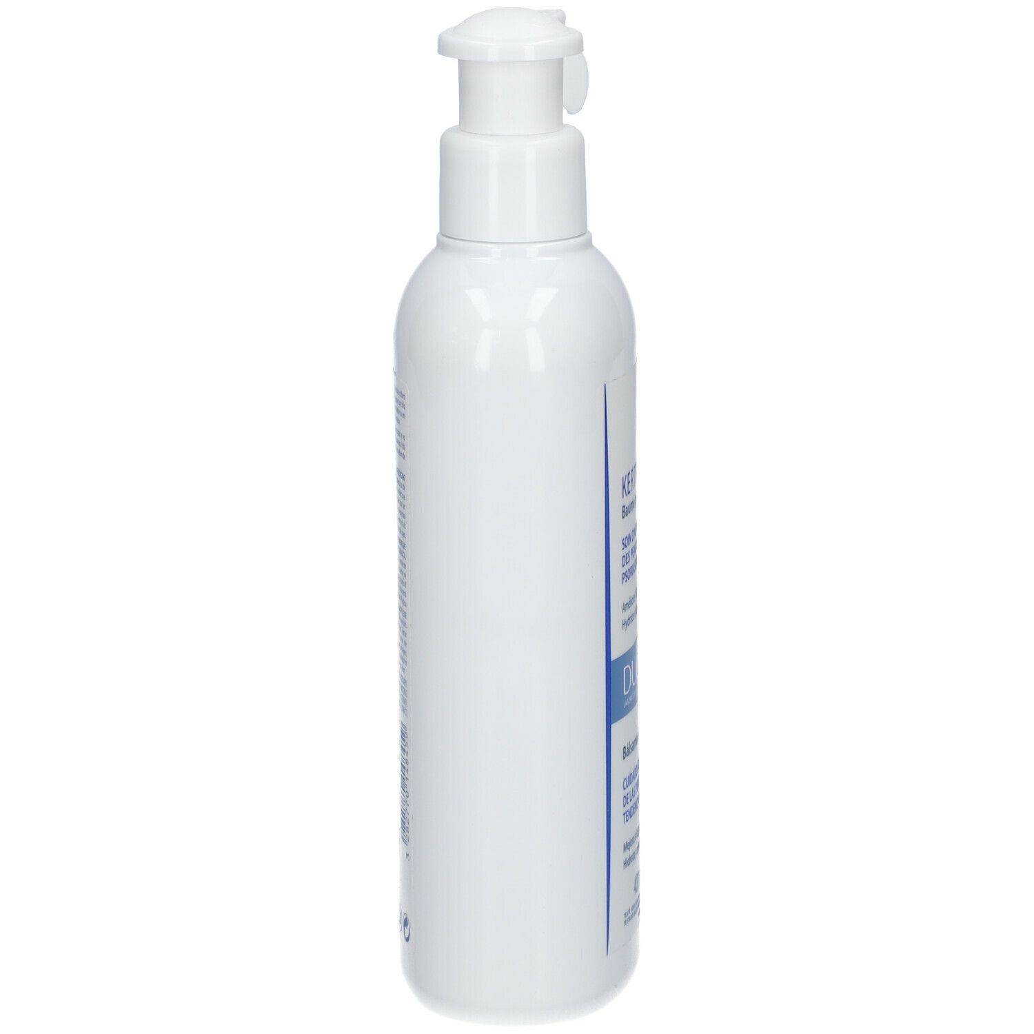 Weiße Flasche mit Pumpe. Aufschrift: Kertyol PSO, Ducray. Seitliche Ansicht.