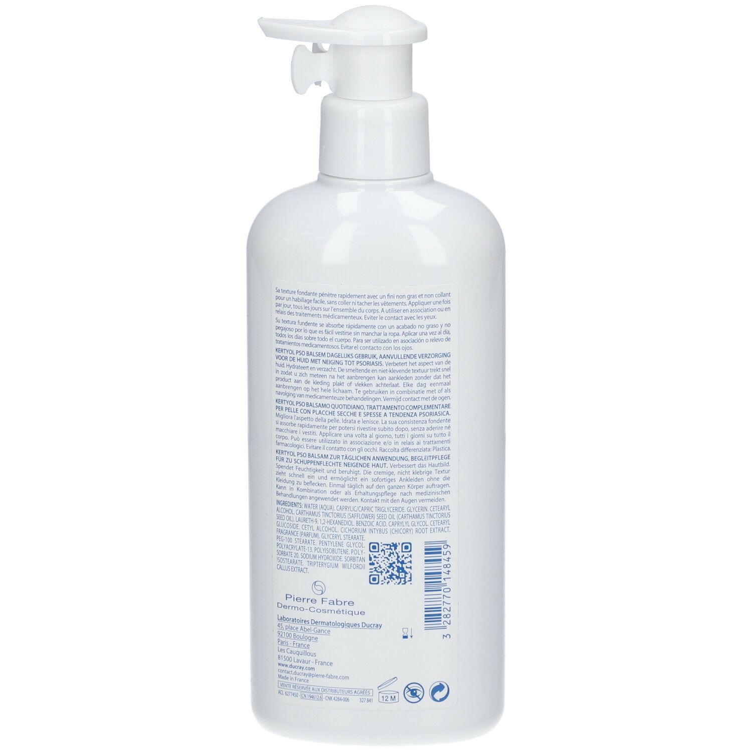 Weiße Flasche mit Pumpe. Rückseite mit Text und QR-Code. Hersteller: Pierre Fabre.