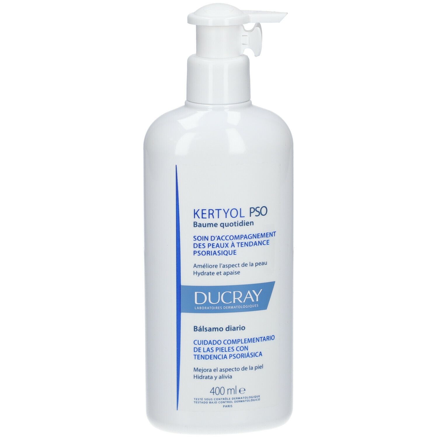 Weiße Flasche mit Pumpe. Aufschrift: Kertyol PSO, Baume quotidien, Ducray. 400 ml.