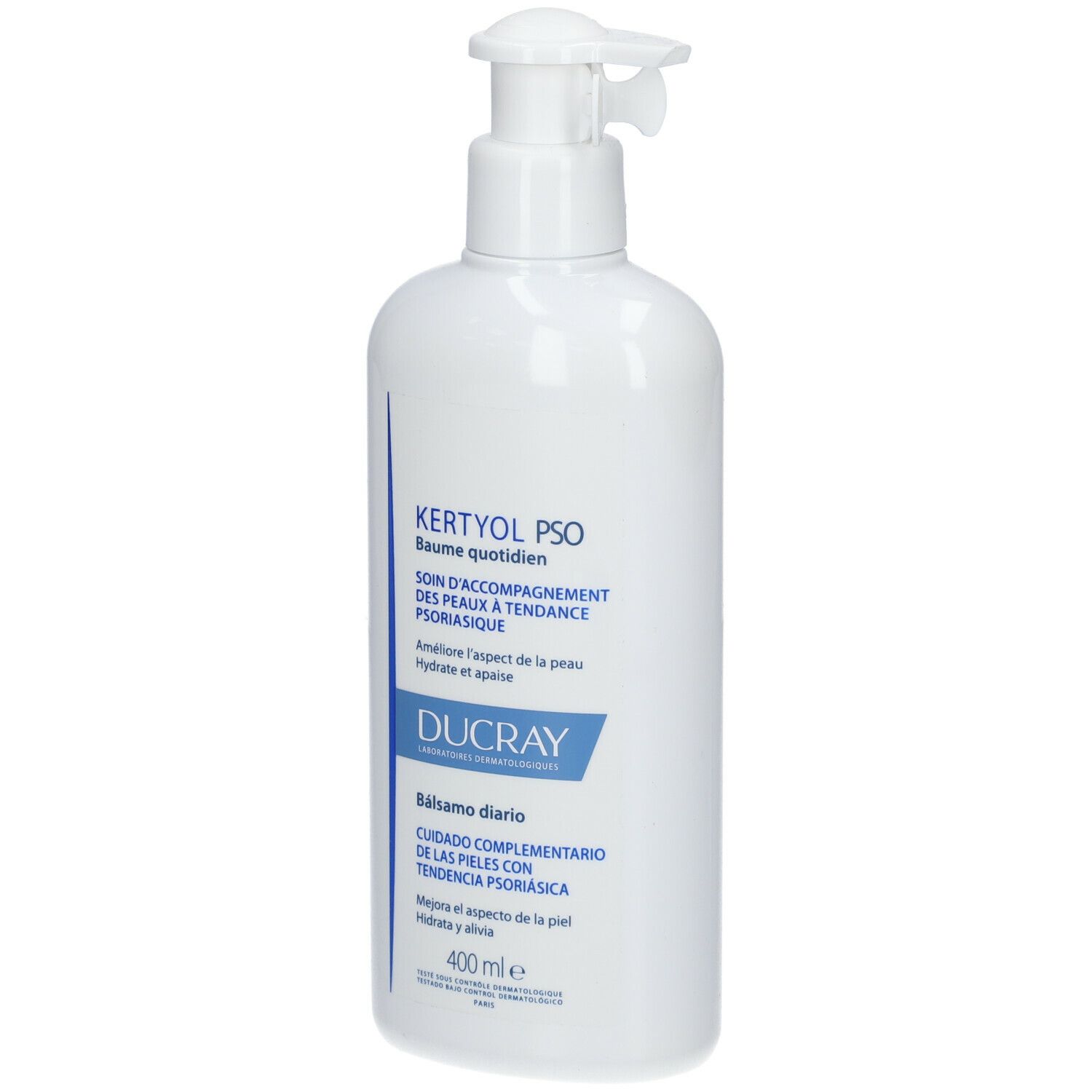 Weiße Flasche mit Pumpe. Aufschrift: Kertyol PSO, Baume quotidien, Ducray. 400 ml.