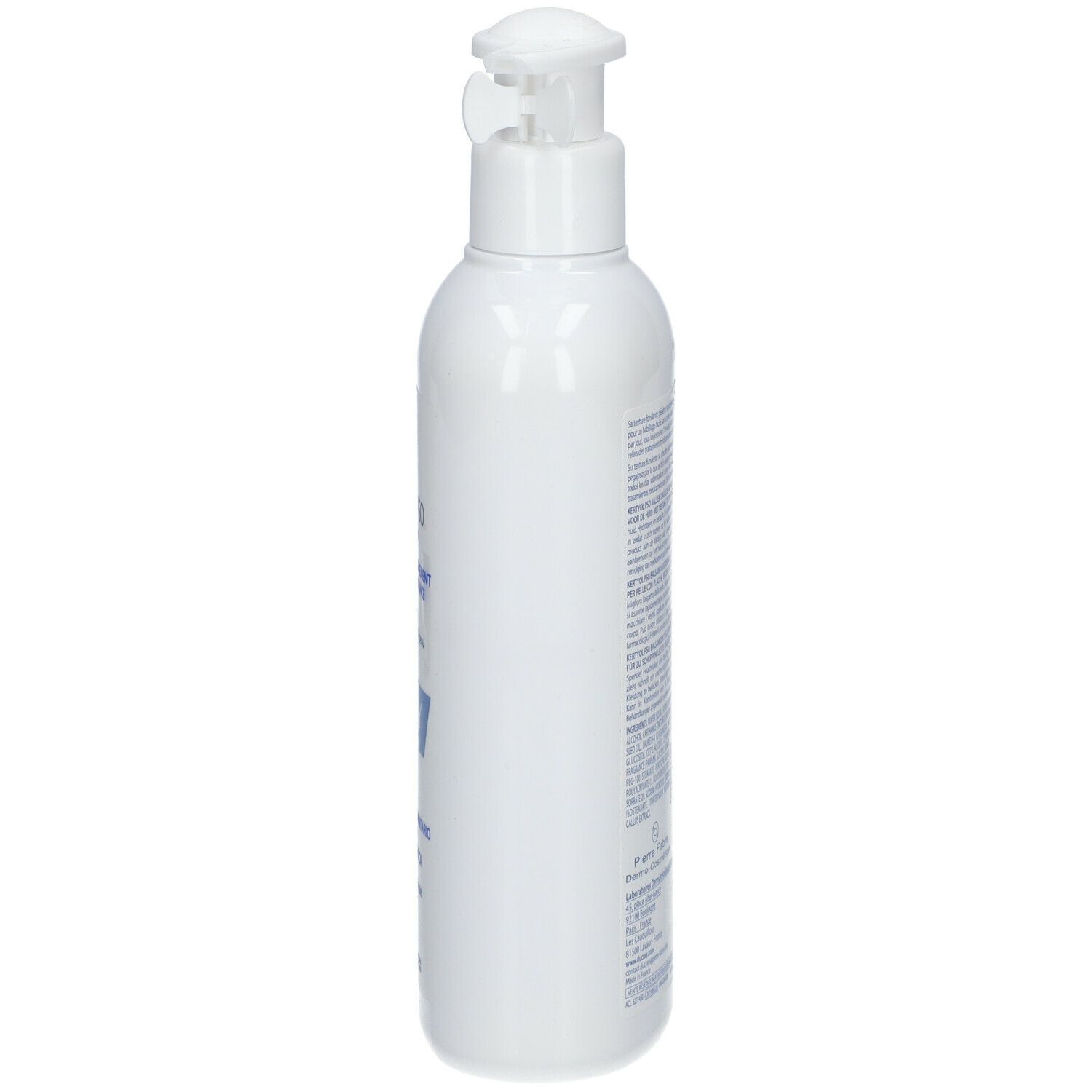 Weiße Flasche mit Pumpe. Aufschrift: Kertyol PSO, Ducray. Seitliche Ansicht.