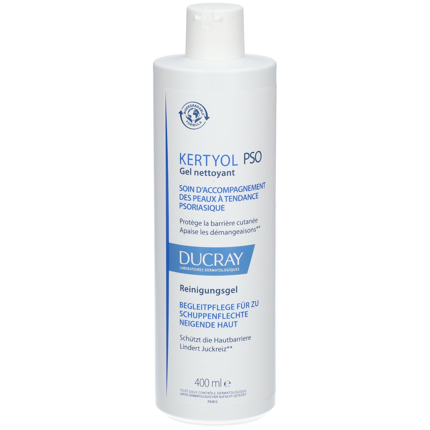 Witte fles met blauw etiket. Opschrift: Kertyol PSO, reinigingsgel. Merk: Ducray. 400 ml.