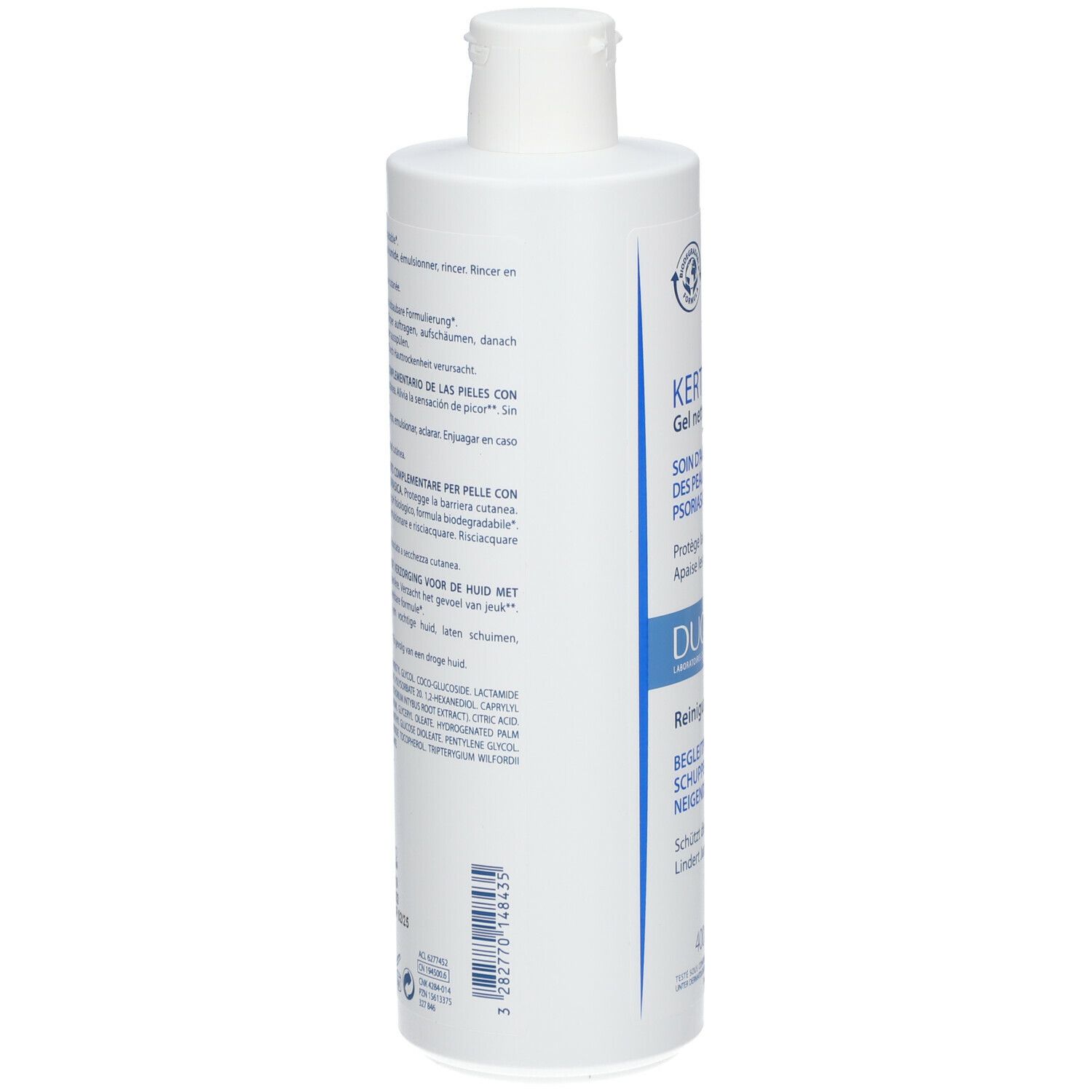 Achterkant van de witte fles. Tekst in meerdere talen. Ingrediënten en fabrikantinfo.