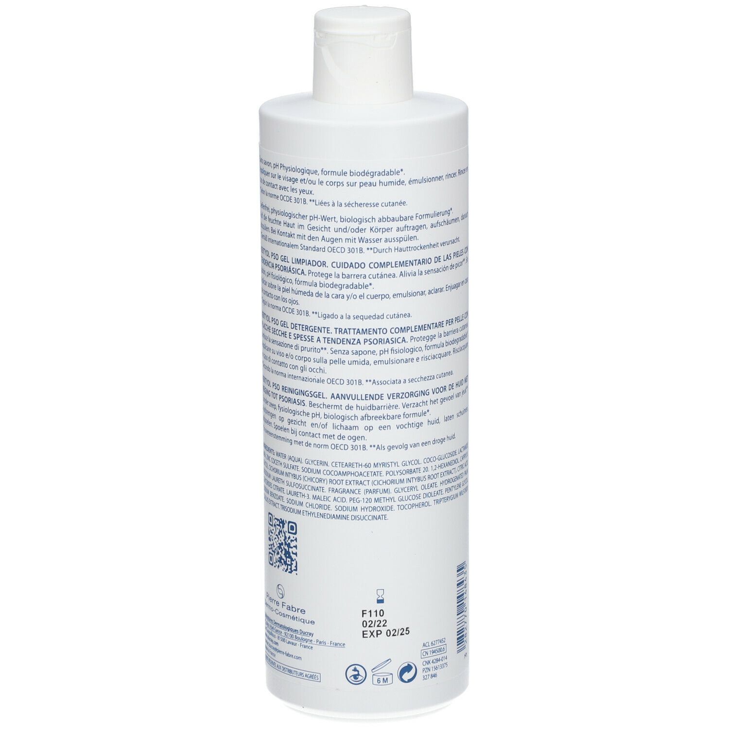 Achterkant van de witte fles. Tekst in meerdere talen. Ingrediënten en fabrikantinfo.