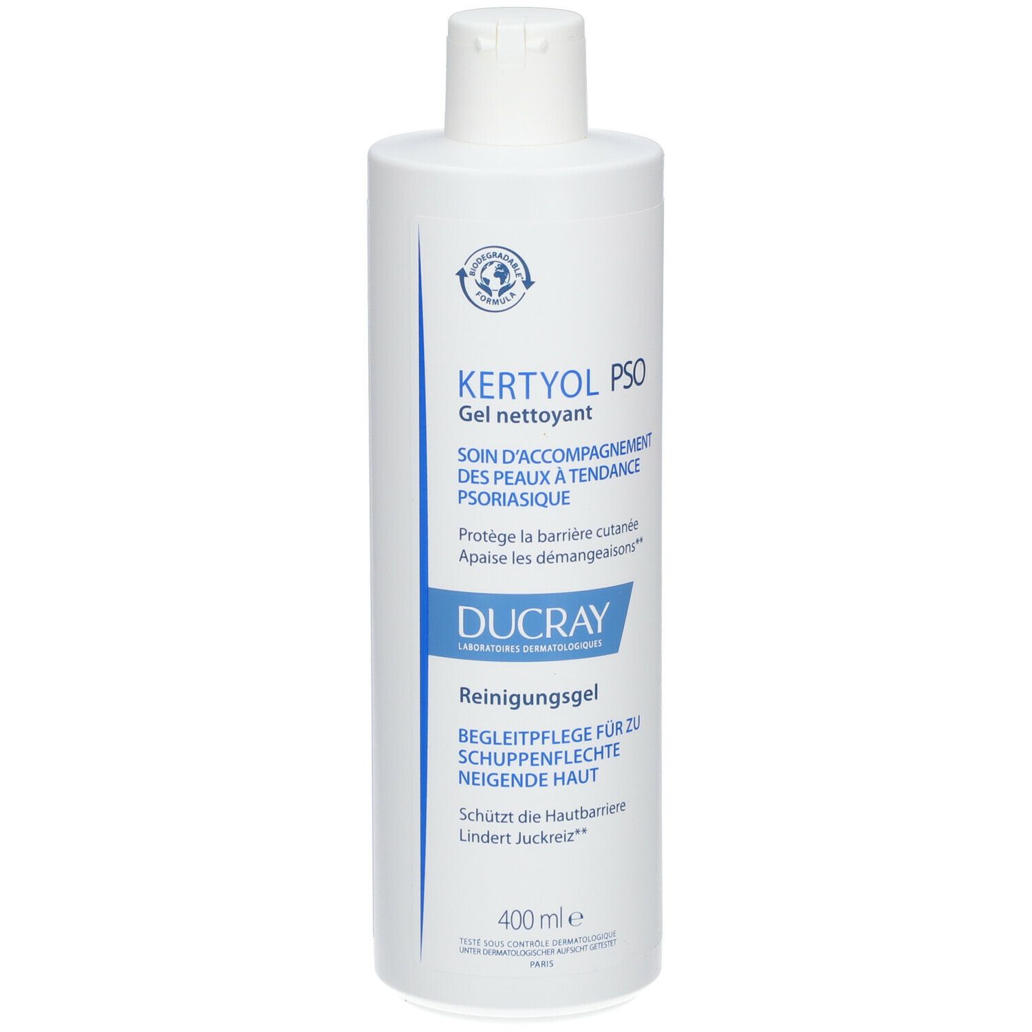 Witte fles met blauw etiket. Opschrift: Kertyol PSO, reinigingsgel. Merk: Ducray. 400 ml.