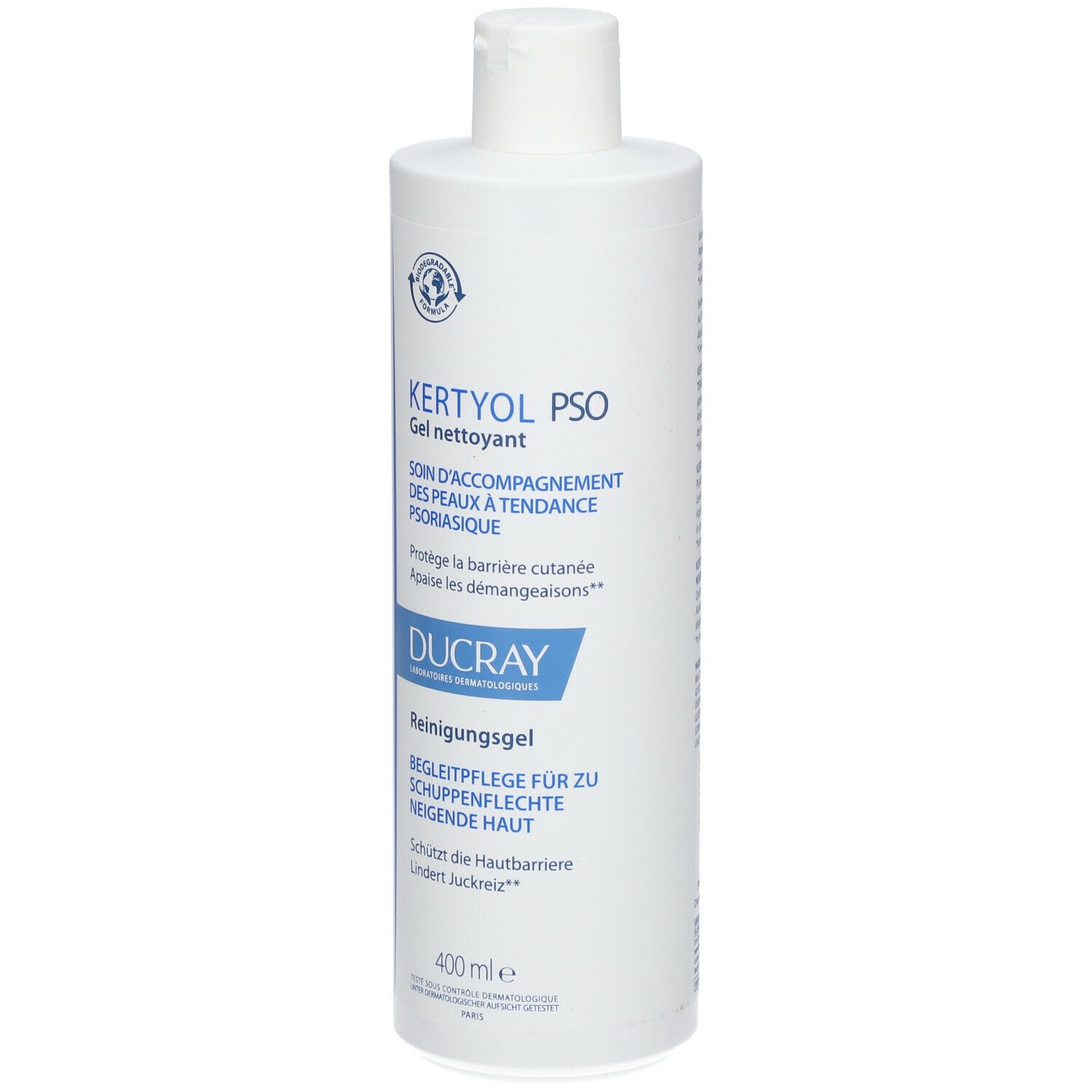 Witte fles met blauw etiket. Opschrift: Kertyol PSO, reinigingsgel. Merk: Ducray. 400 ml.