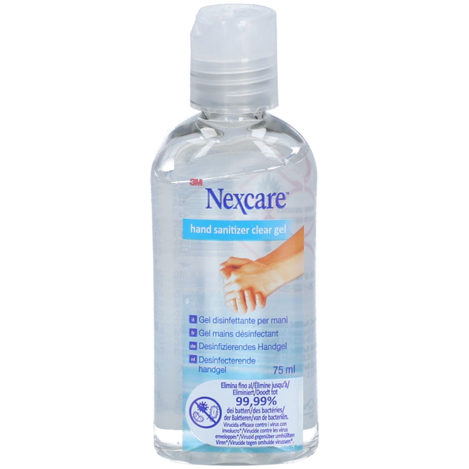 Flacon transparent avec bouchon rabattable. Inscription: Nexcare Hand Sanitizer Clear Gel. Contient 75 ml.