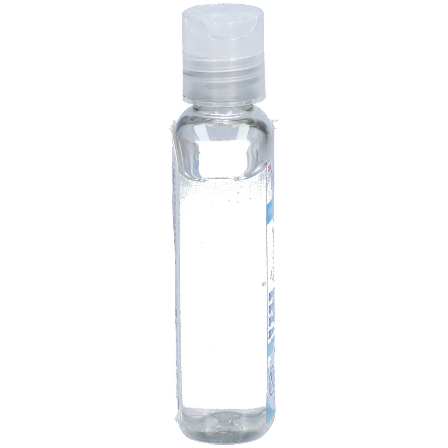 Récipient cylindrique transparent avec bouchon rabattable. Contient un liquide clair. Étiquette avec texte bleu.