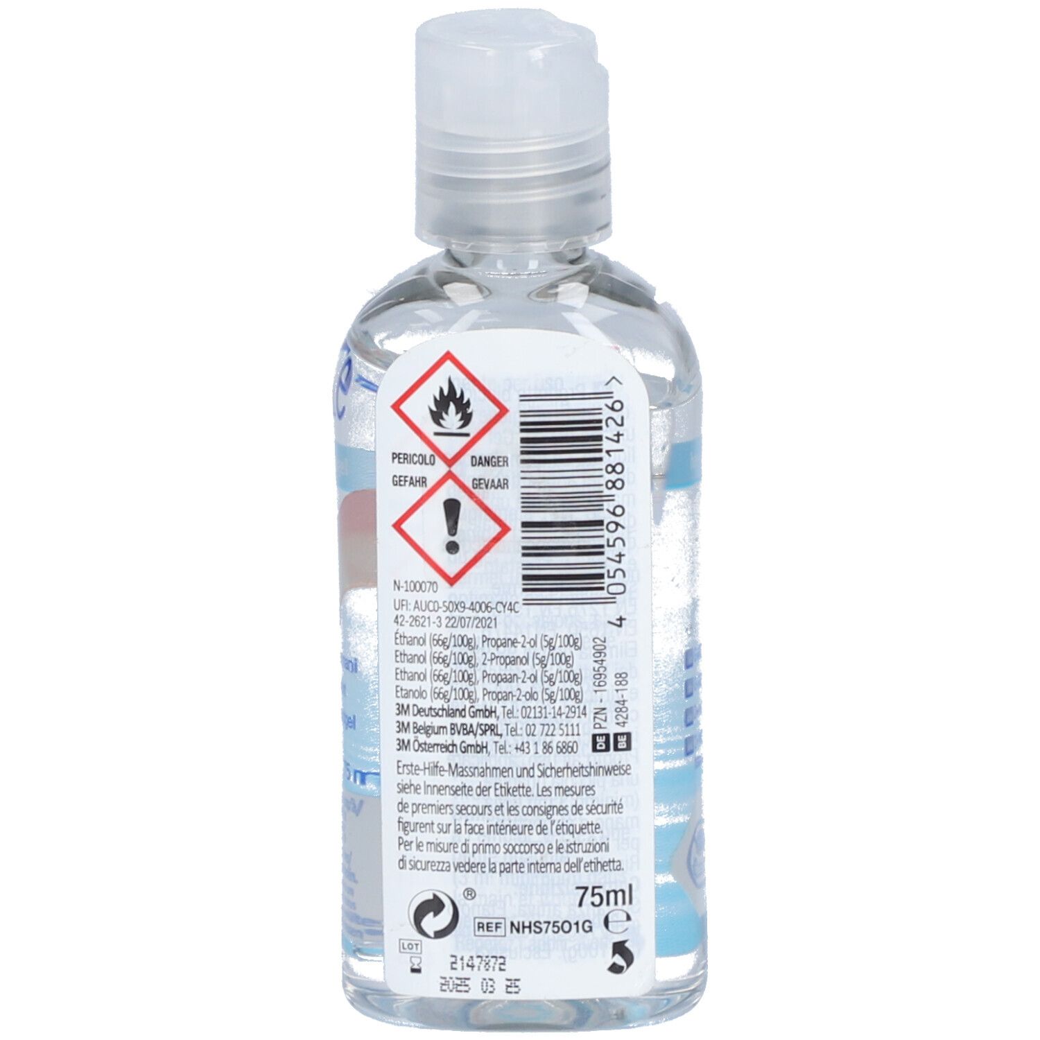 Dos d'un flacon transparent avec bouchon rabattable. Contient des informations et des avertissements. 75 ml.