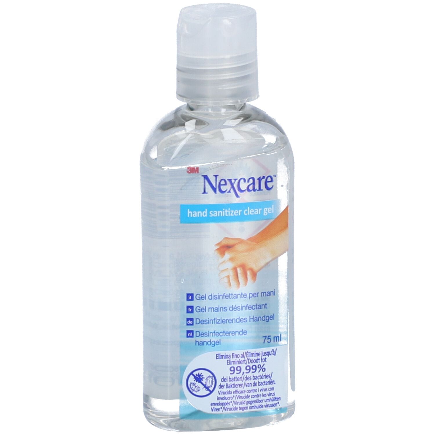 Flacon transparent avec bouchon rabattable. Inscription: Nexcare Hand Sanitizer Clear Gel. Contient 75 ml.