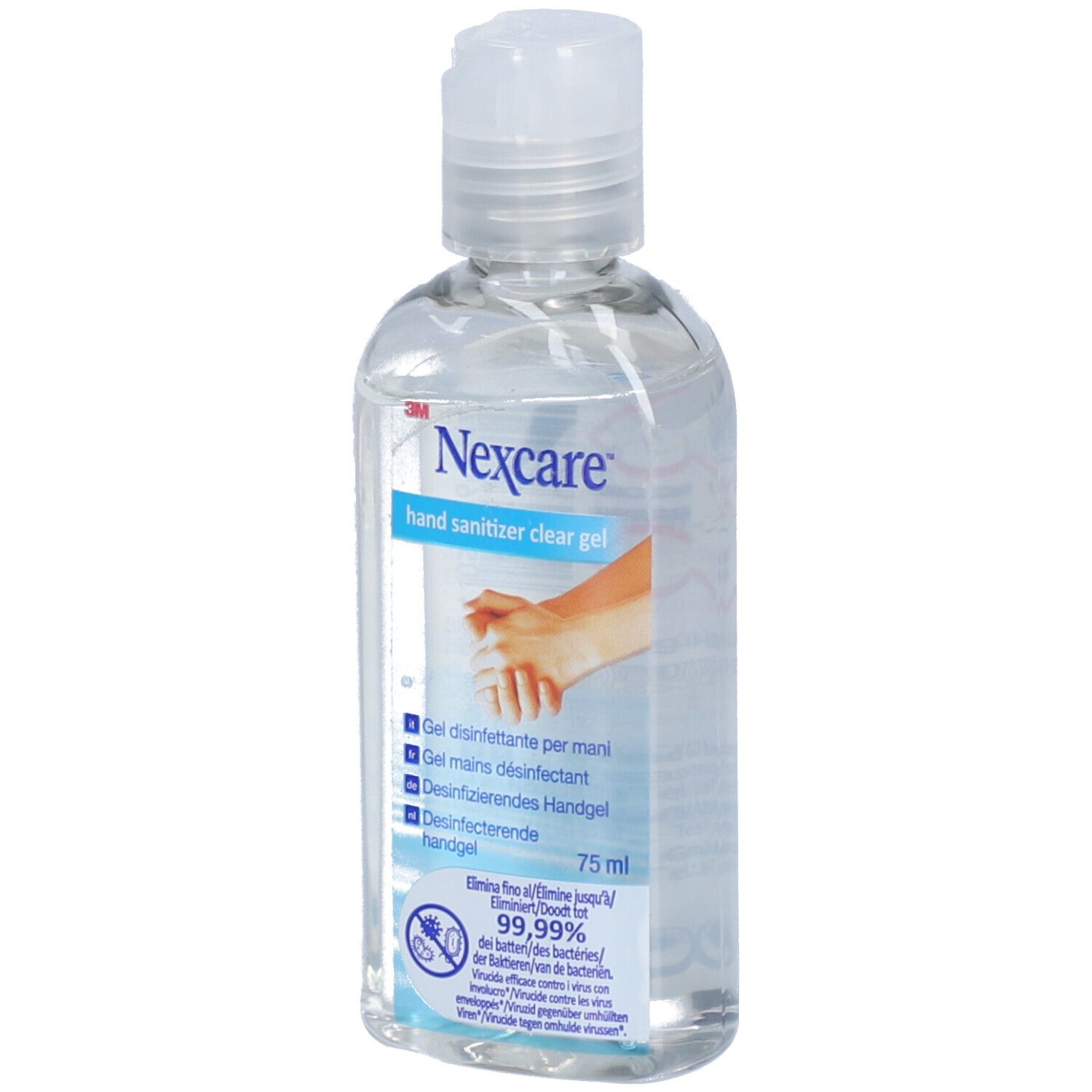 Flacon transparent avec bouchon rabattable. Inscription: Nexcare Hand Sanitizer Clear Gel. Contient 75 ml.