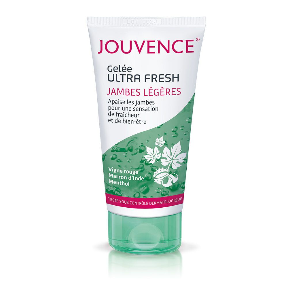 Tube blanc et vert. Inscription: JOUVENCE® Gelée Ultra Fresh. Texte: Jambes légères. Ingrédients et logo.