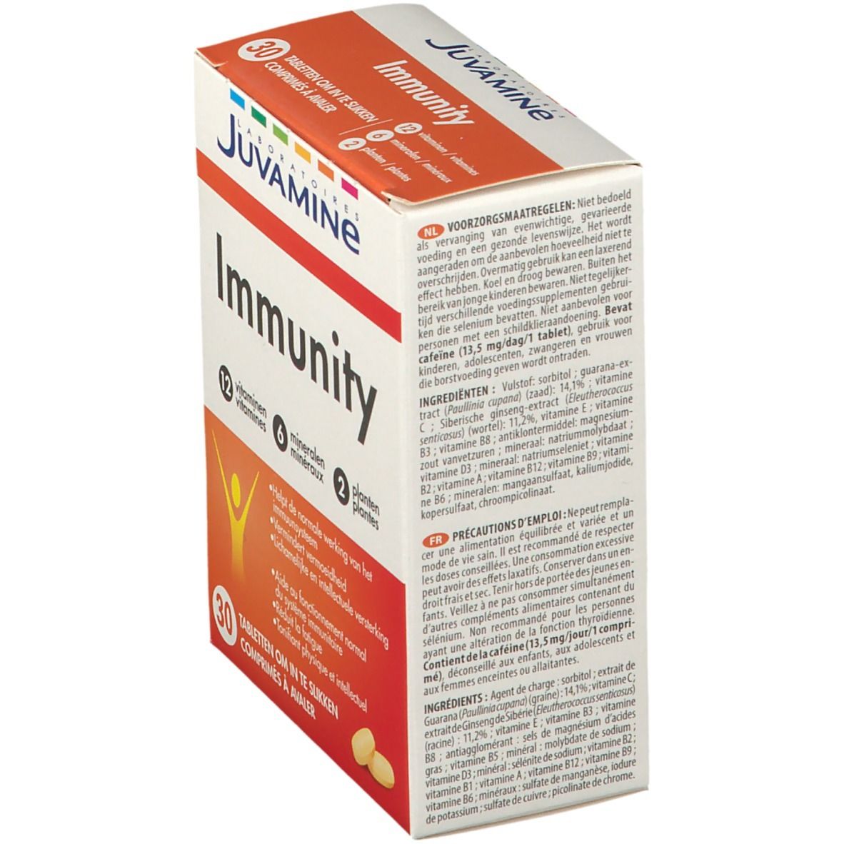 Boîte JUVAMINE Immunität, 30 comprimés. Inscription : 12 vitamines, 6 minéraux, 2 plantes. Ingrédients et avertissements.