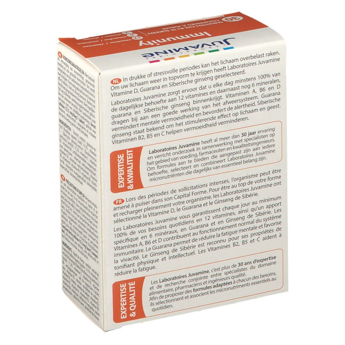 Dos de la boîte JUVAMINE Immunität. Texte sur les ingrédients et la qualité du produit. Logo : Expertise & Qualité.