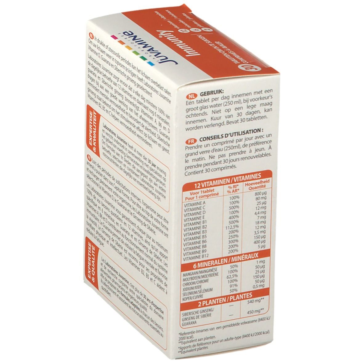 Dos de la boîte JUVAMINE Immunität. Informations de dosage et tableau nutritionnel. Logo : Expertise & Qualité.