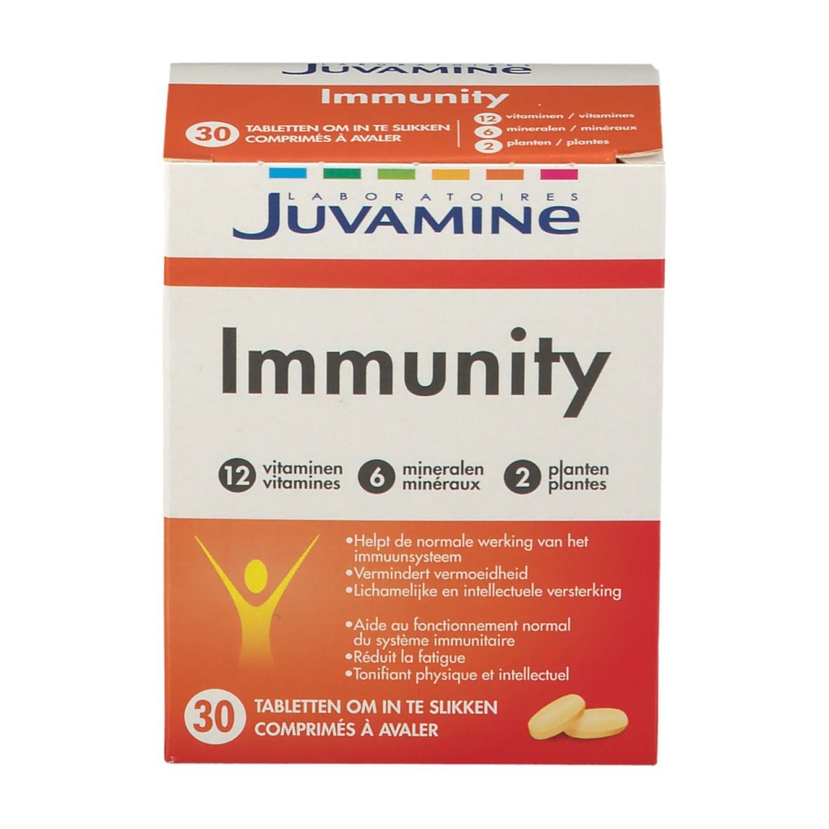 Boîte JUVAMINE Immunität, 30 comprimés. Inscription : 12 vitamines, 6 minéraux, 2 plantes. Comprimés jaunes à côté.