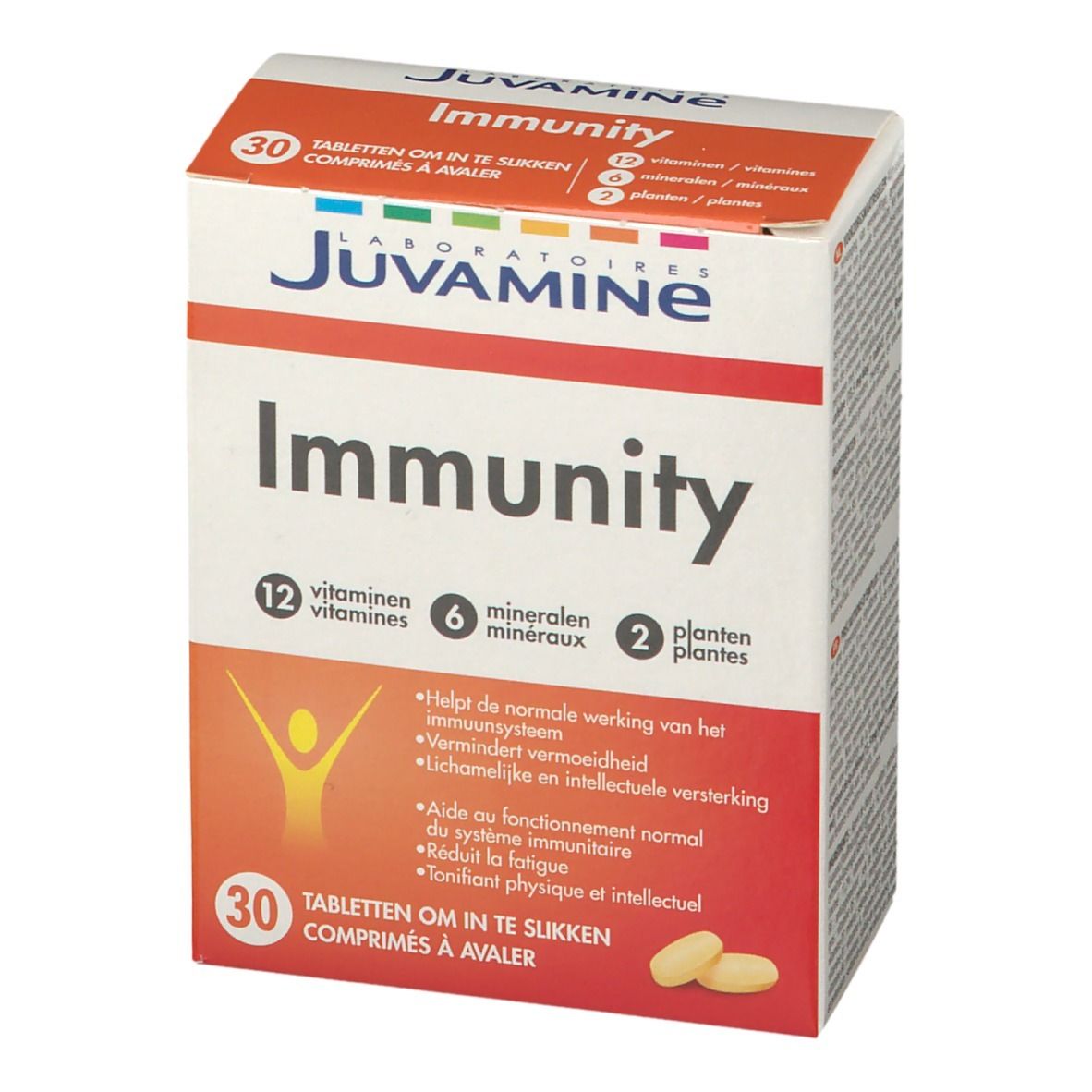 Boîte JUVAMINE Immunität, 30 comprimés. Inscription : 12 vitamines, 6 minéraux, 2 plantes. Comprimés jaunes à côté.