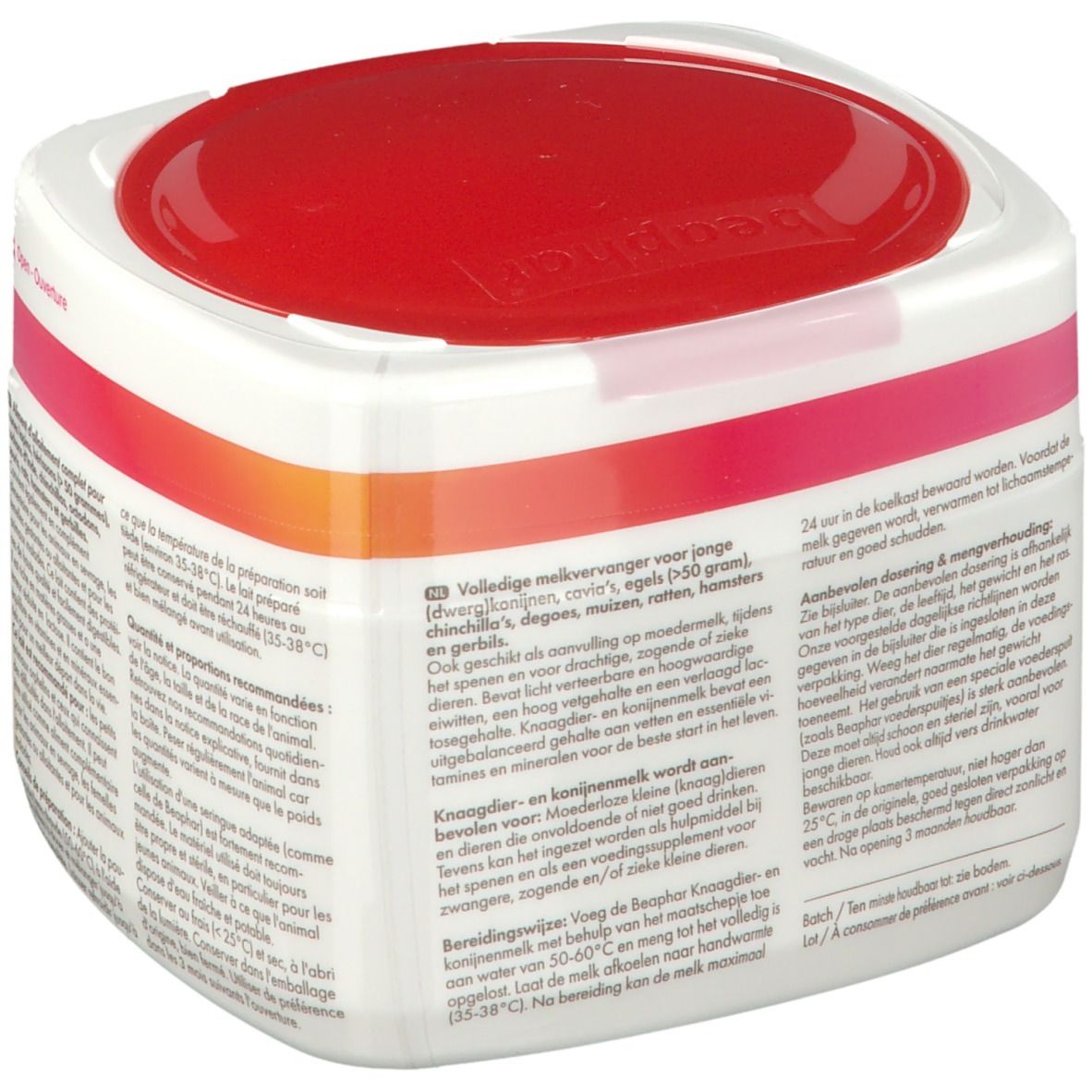 Beaphar-Produktverpackung. Quadratische Dose mit rotem Deckel. Text auf der Verpackung in mehreren Sprachen. Detailansicht der Produktinformationen.