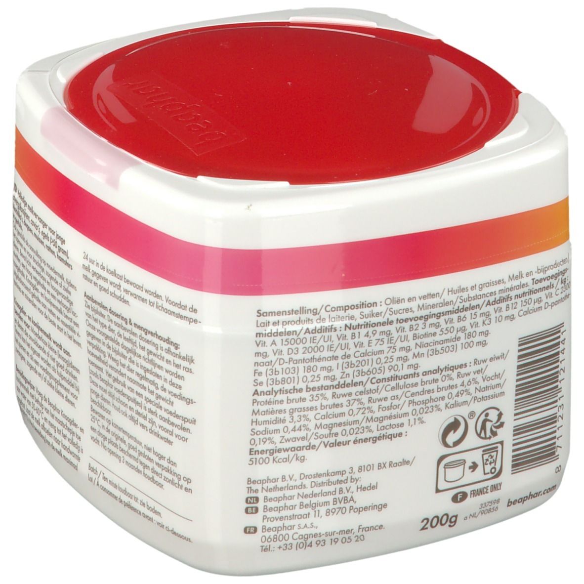 Beaphar-Produktverpackung. Quadratische Dose mit rotem Deckel. Detailansicht der Produktzusammensetzung und Nährwertangaben.