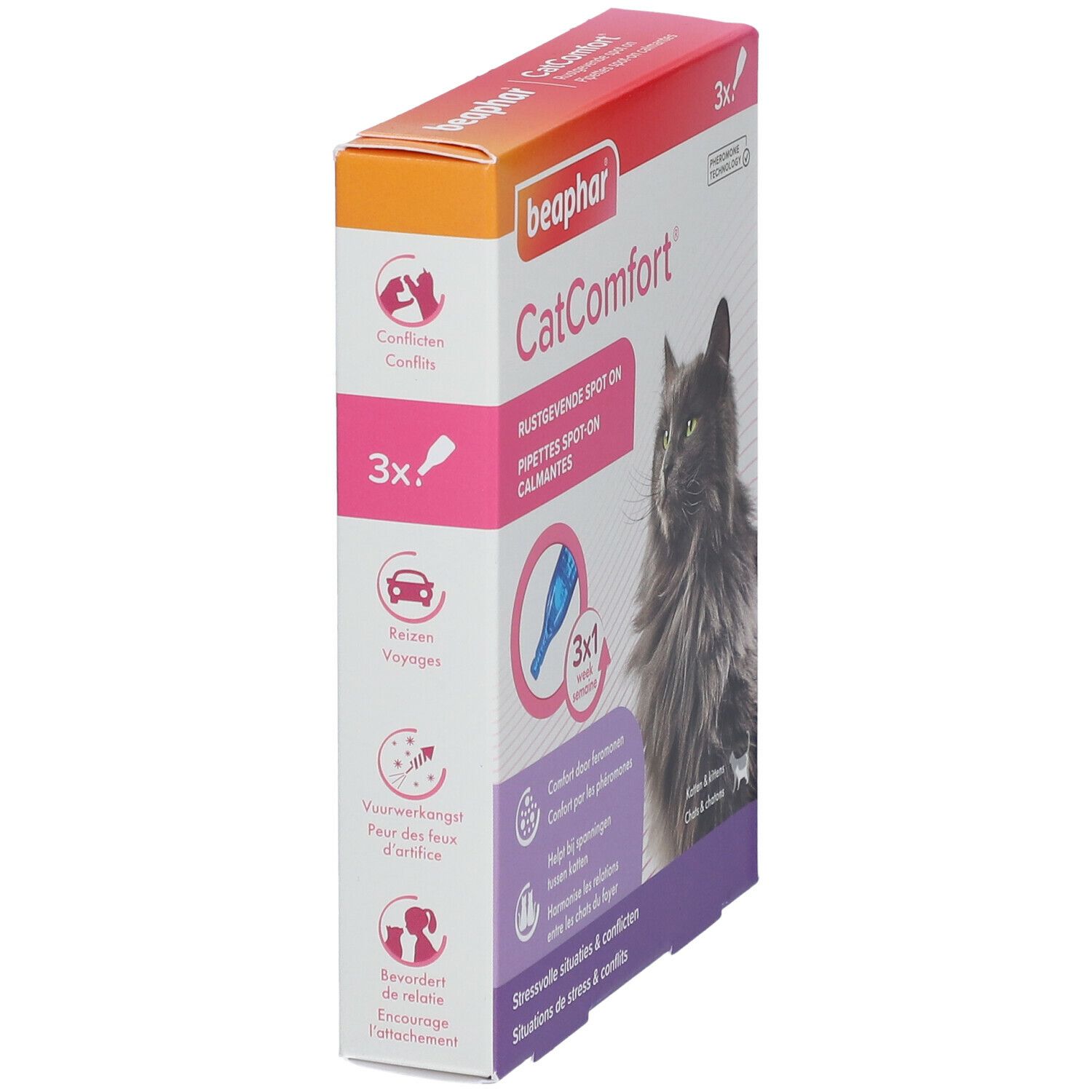 Beaphar CatComfort® Packung. Enthält 3 Pipetten. Abbildung einer Katze. Text: 'Beruhigende Spot On'.