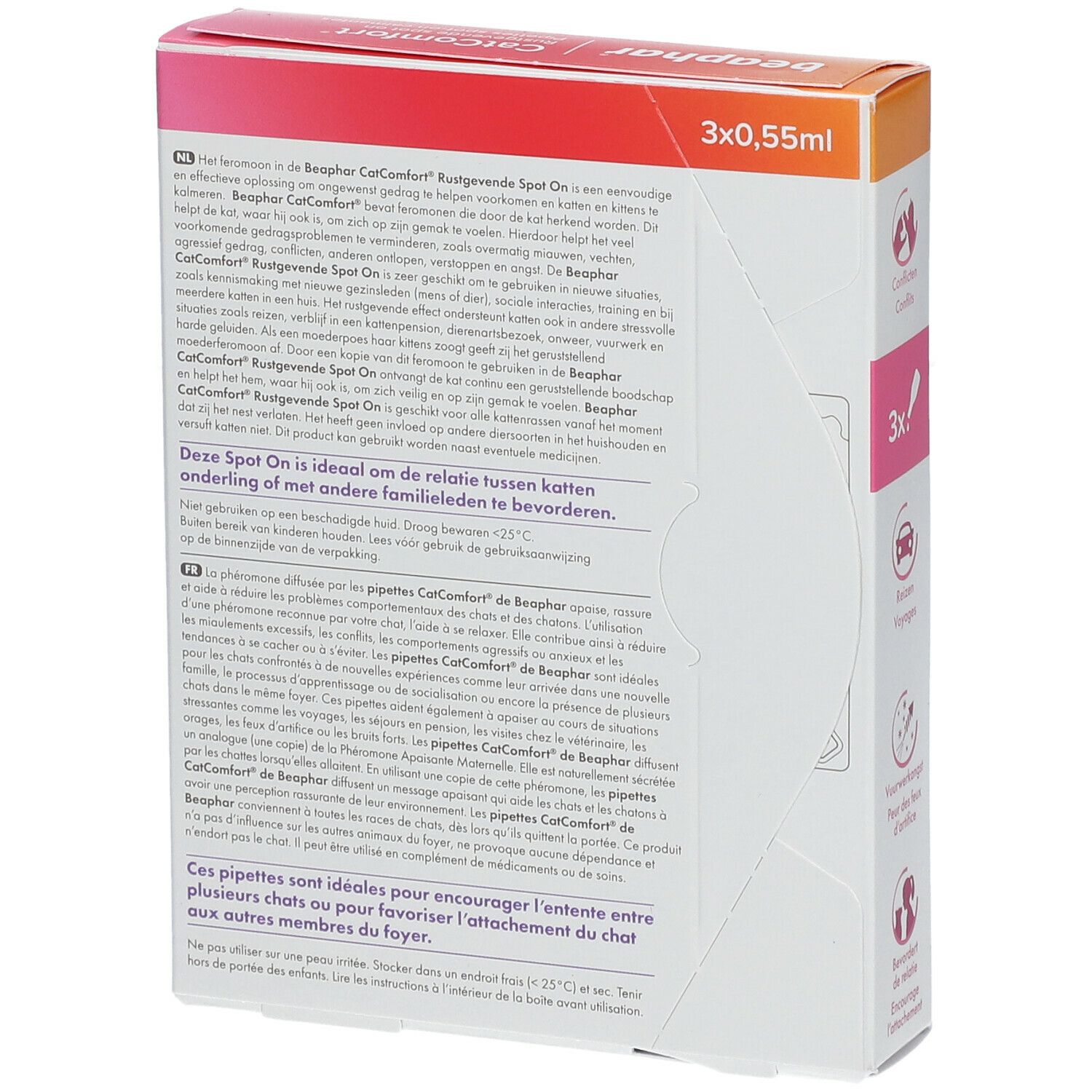 Rückseite der Beaphar CatComfort® Packung. Text in mehreren Sprachen. Enthält 3 Pipetten.