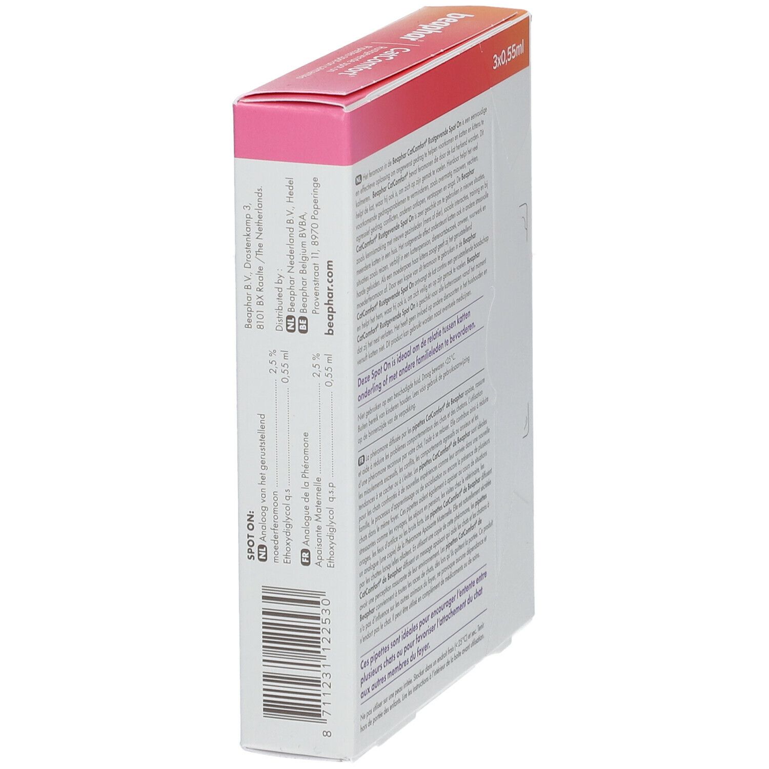 Seite der Beaphar CatComfort® Packung. Text und Barcode. Enthält 3 Pipetten.