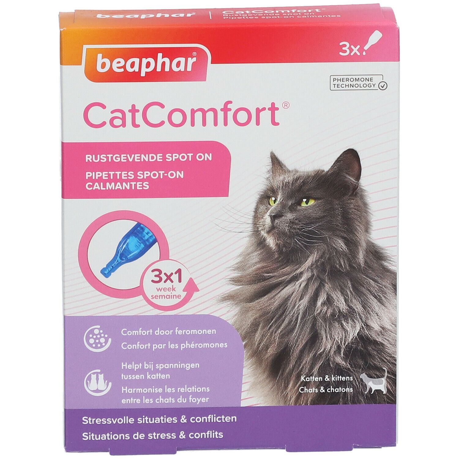Beaphar CatComfort® Packung. Enthält 3 Pipetten. Abbildung einer Katze. Text: 'Beruhigende Spot On'.