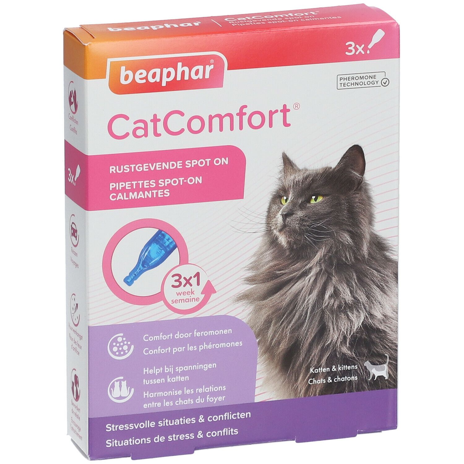 Beaphar CatComfort® Packung. Enthält 3 Pipetten. Abbildung einer Katze. Text: 'Beruhigende Spot On'.