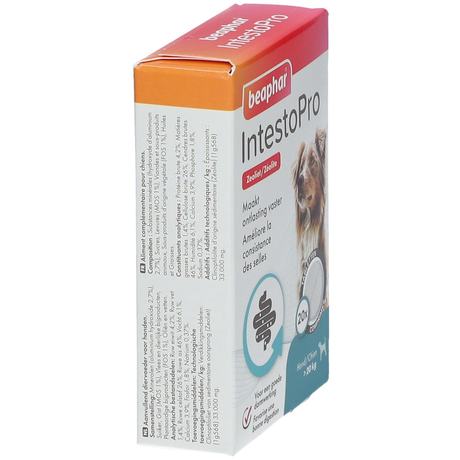 Verpakking Beaphar IntestoPro. Productinformatie en ingrediënten. Bevat 20 tabletten.