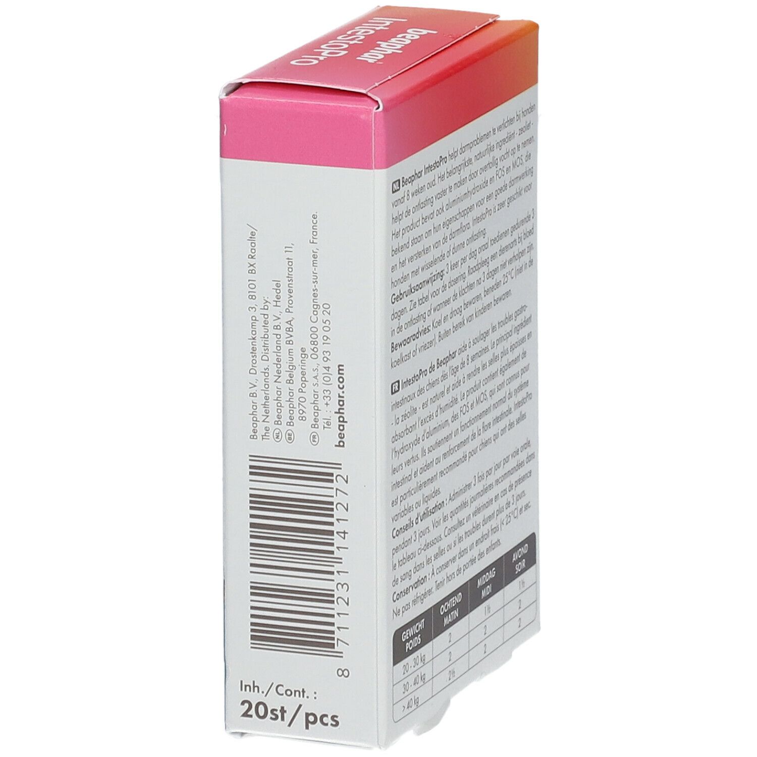 Zijkant verpakking Beaphar IntestoPro. Barcode en contactgegevens. Bevat 20 tabletten.