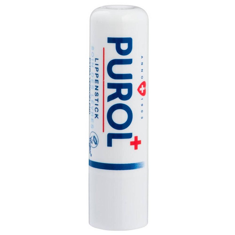 Witte lippenstift. Productnaam en logo op de stick. Blauwe en rode accenten. Vegan zegel.