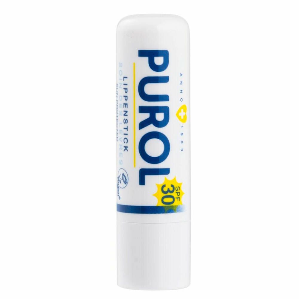 Witte lippenbalsem stick. Tekst: PUROL, SPF 30, vegan label. Gele en blauwe accenten.