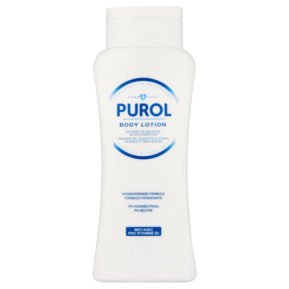Witte fles PUROL Body Lotion. Blauwe tekst en logo. Bevat Pro Vitamine B5. pH-neutraal.