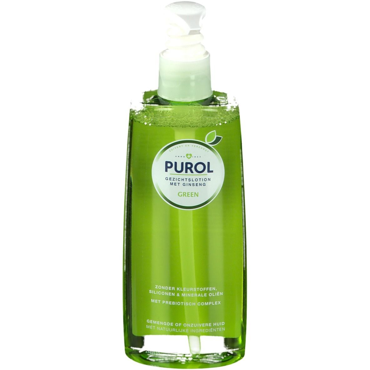 Groene gezichtslotionfles met pomp. Opschrift: PUROL Green Gesichtslotion met ginseng. Zonder kleurstoffen, siliconen en minerale oliën.
