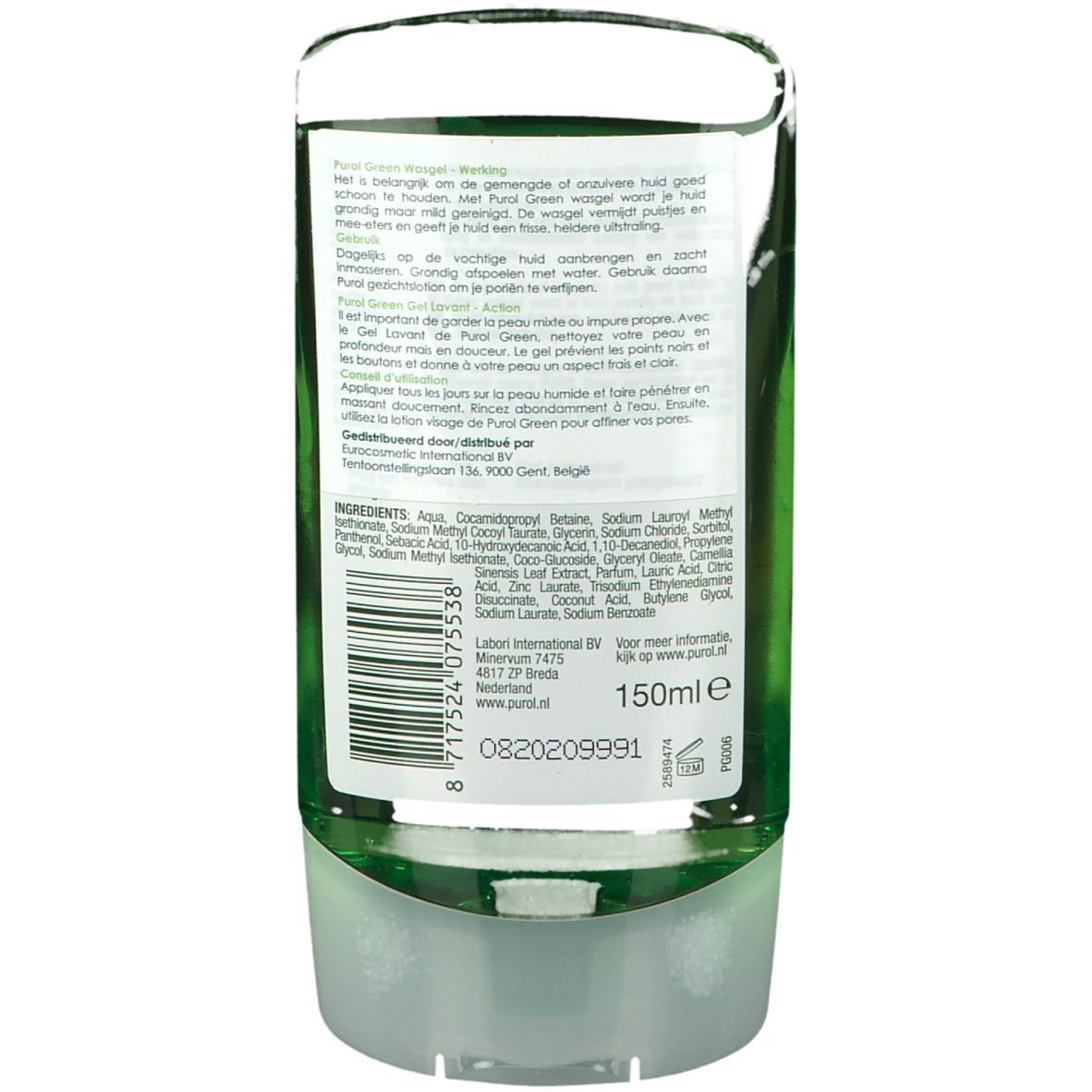 Rückseite der PUROL Green Reinigungsgel Flasche. Text, Barcode und Inhaltsstoffe auf Etikett.