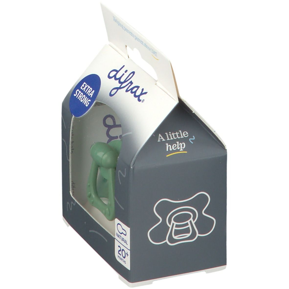 Verpackung mit grünem Schnuller. Auf der Verpackung steht difrax, EXTRA STRONG und NATURAL 20+ Monate.