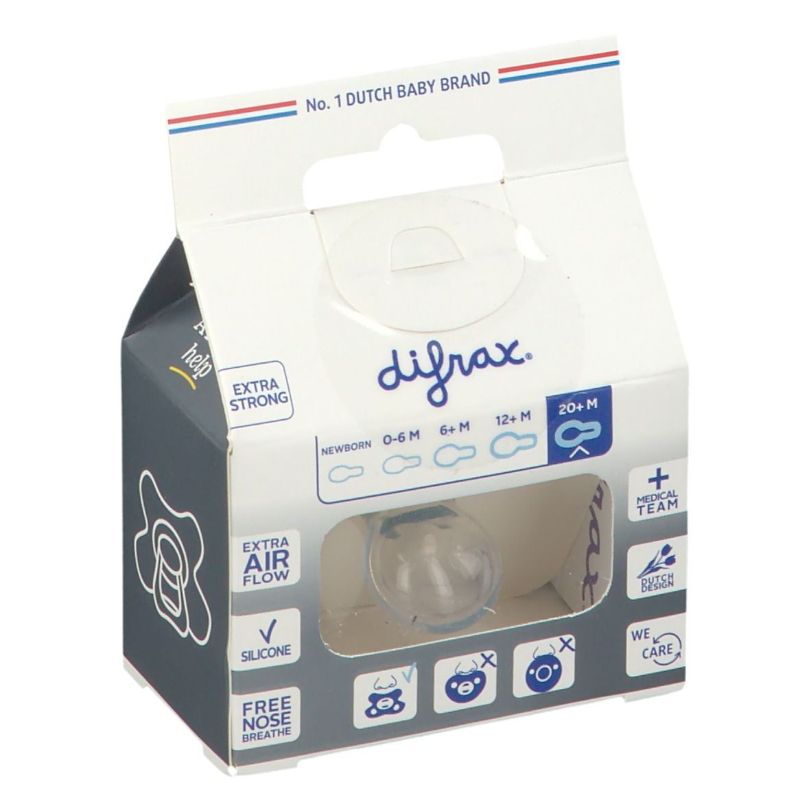 Verpackung mit Schnuller. Auf der Verpackung steht difrax, EXTRA AIR FLOW, SILICONE und FREE NOSE BREATH.