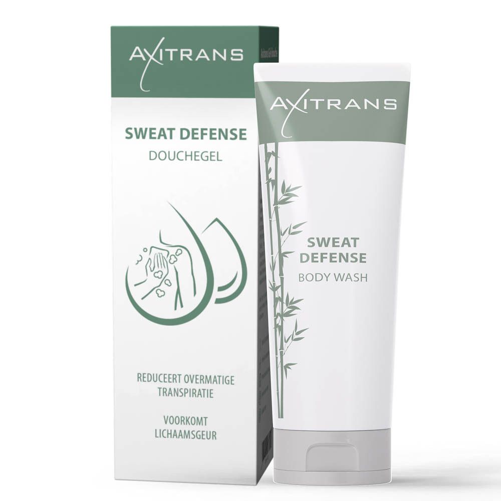 Axitrans Sweat Defense Douchegel et emballage. Blanc et vert. Texte: Sweat Defense, Douchegel.