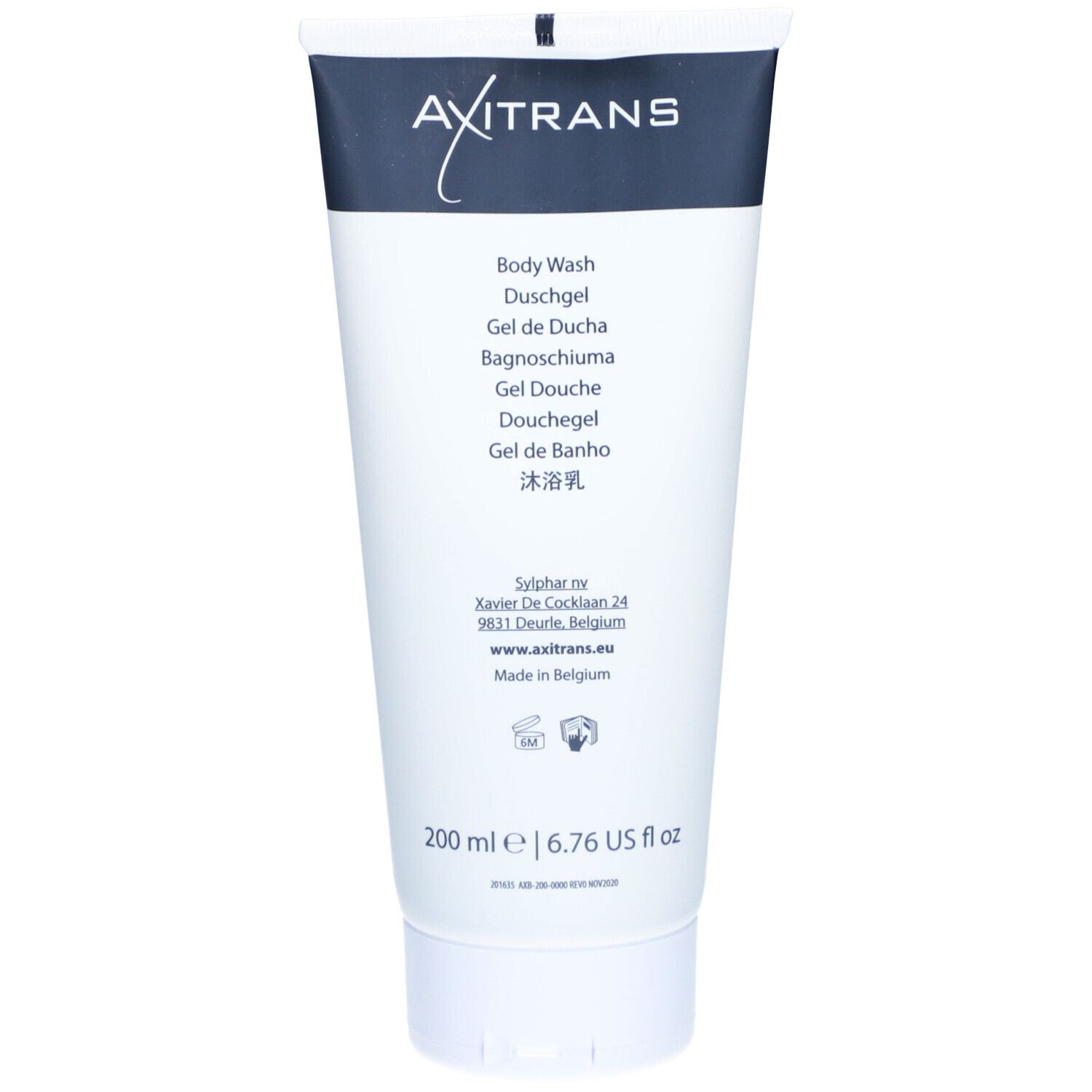 Dos du tube de gel douche Axitrans Sweat Defense. Texte multilingue et indication de quantité.